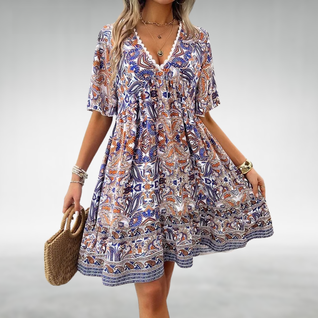 SOLENE – SUMMER BOHO PAISLEY PRINT MINI DRESS