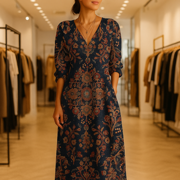 Women's Vintage Flower Art Print Linen Pocket Tunic Dress