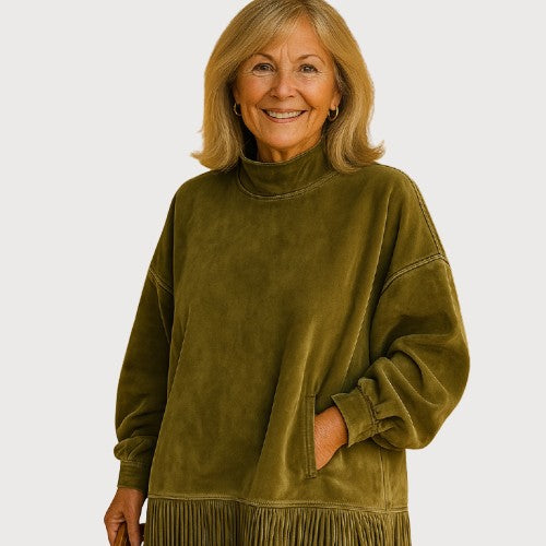 Faux Suede Turtleneck Dress With Fringe Hem