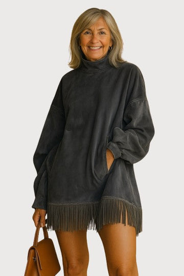 Faux Suede Turtleneck Dress With Fringe Hem