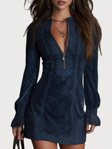 Rachel – Blue Suede Mini Dress with Lace