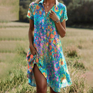 SOLARA – BREEZY VINTAGE FLORAL V-NECK BOHO DRESS